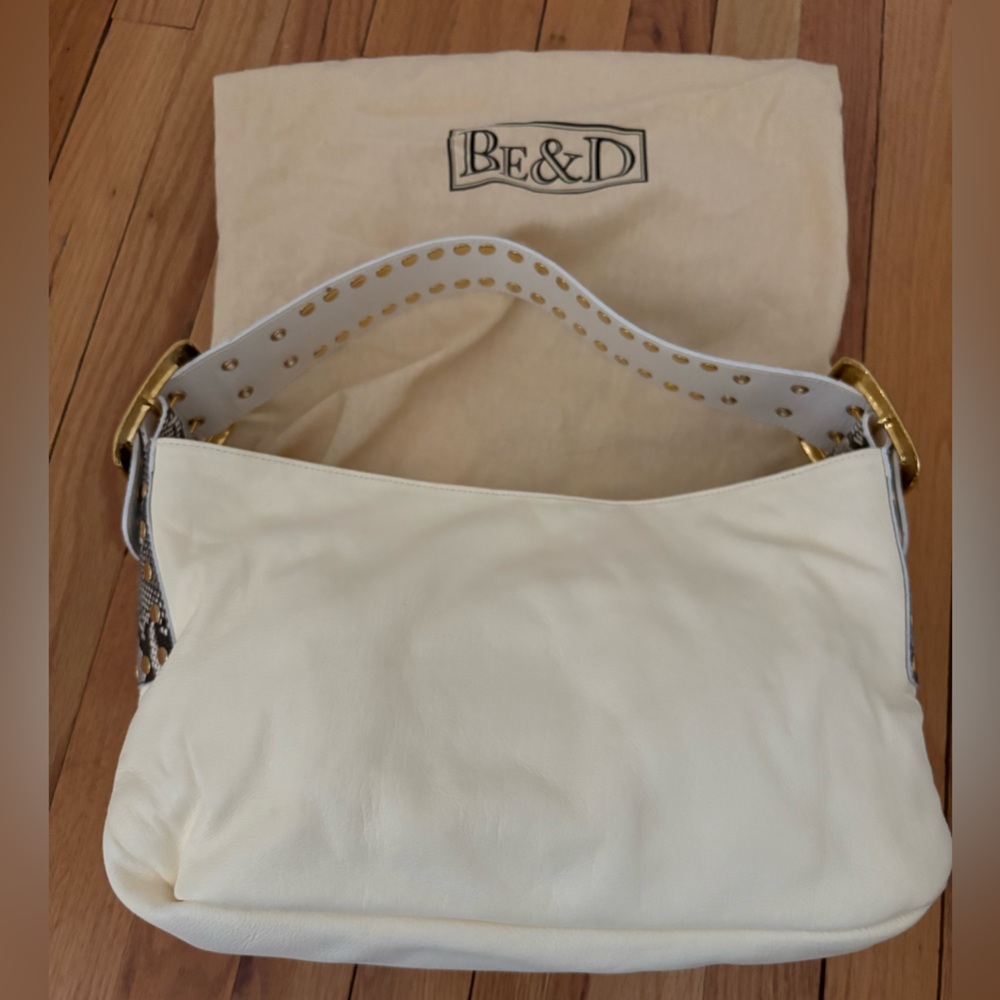 Be & D Off White Leather Clutch with Studded Snakeskin and Gold Hardware Handle. - Picture 5 of 8